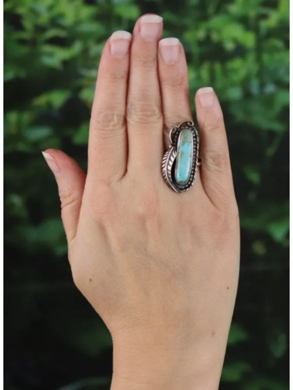 Sterling Silver Natural Oval Turquoise Ring Leaf Design Size 6 1/2 - Picture 2 of 6